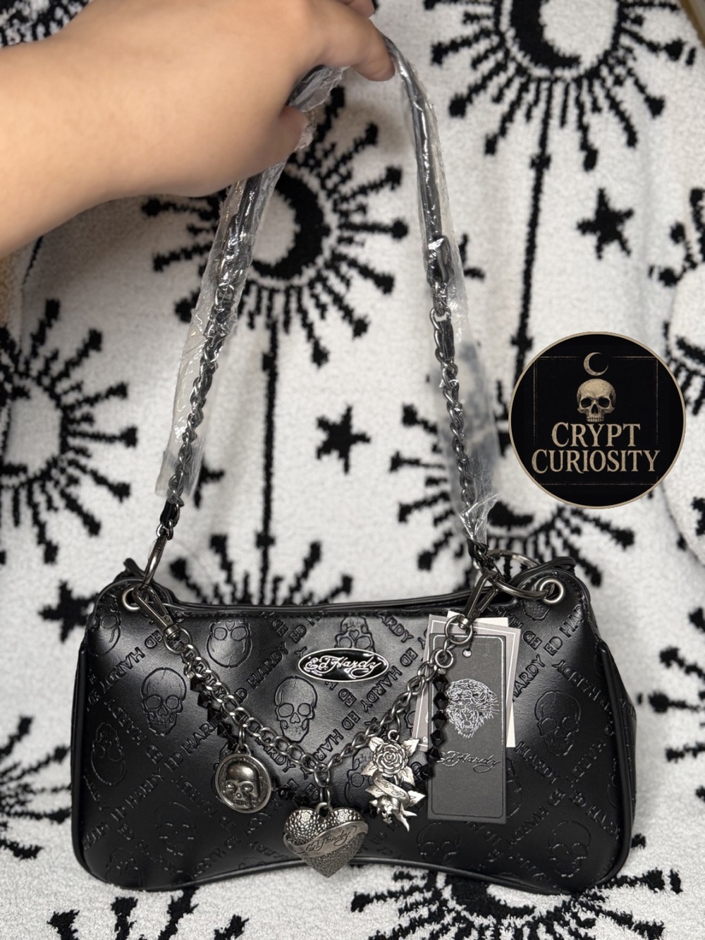 NWT Ed Hardy Black Embossed Skull Shoulder Bag with Chunky Charms